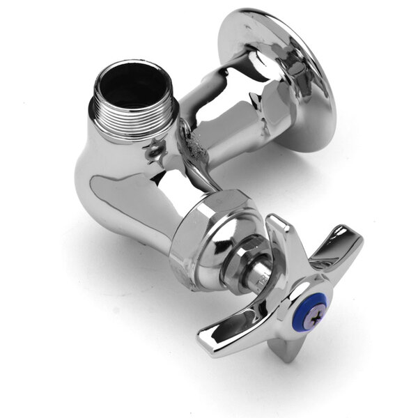 A T&S wall mounted silver faucet base with a blue handle.