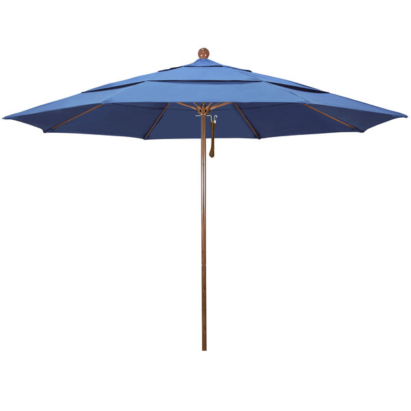 A blue California Umbrella with a wooden pole.