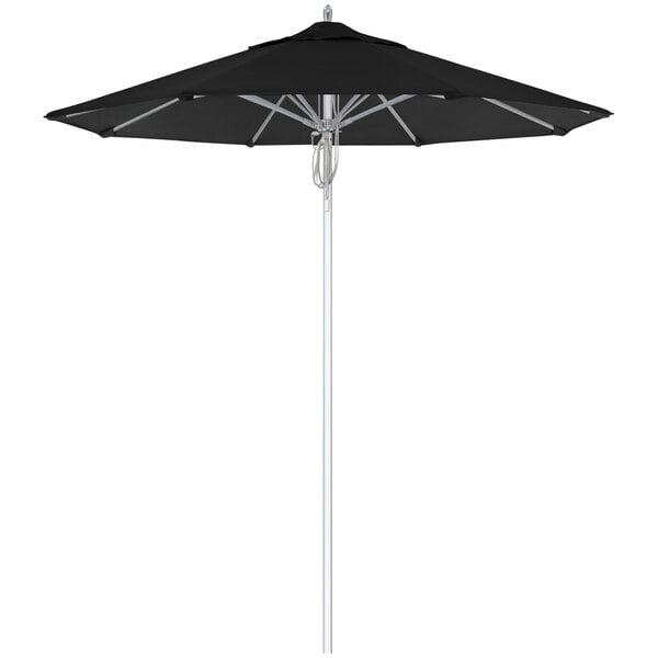 A black California Umbrella with a silver pole.