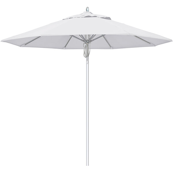 A white California Umbrella with a silver pole.