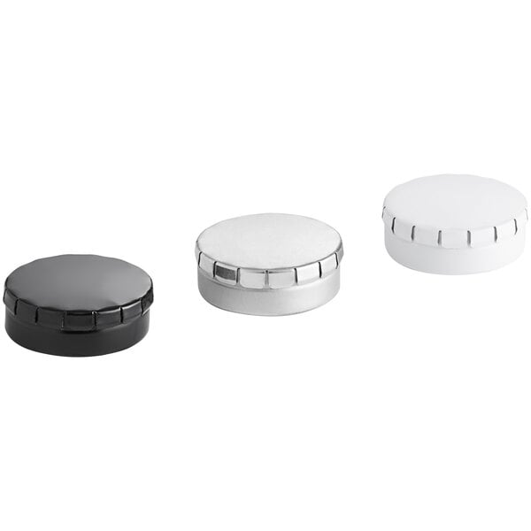 A group of matte silver round metal tins with push and pop covers.