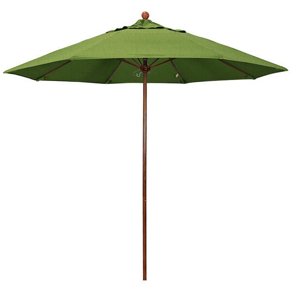 A green California Umbrella with wooden poles on a white background.