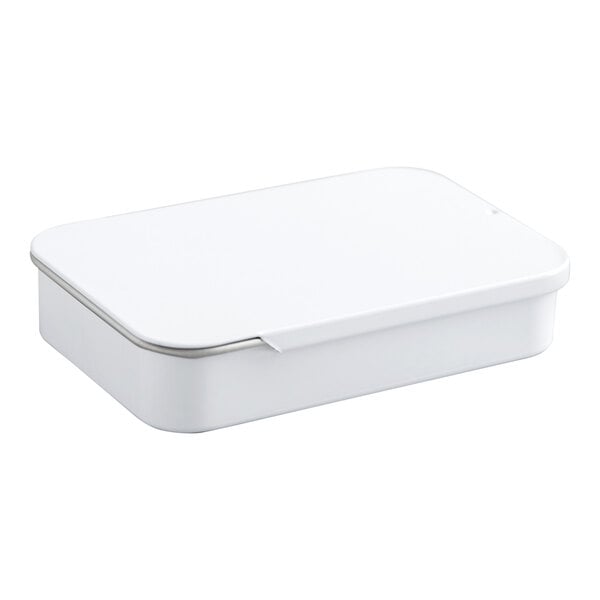 A rectangular white tin container with a slide top lid.