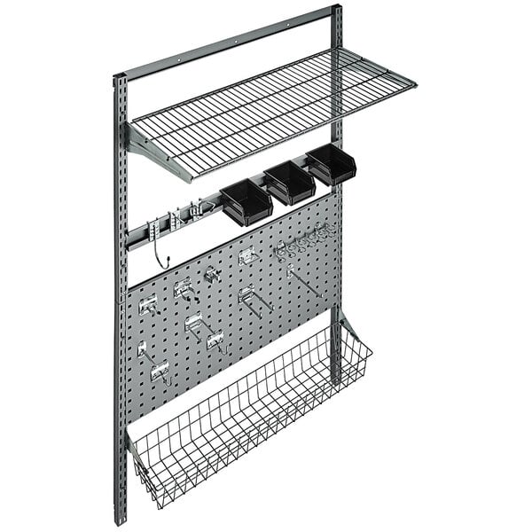 A metal wall mount with shelves and baskets.