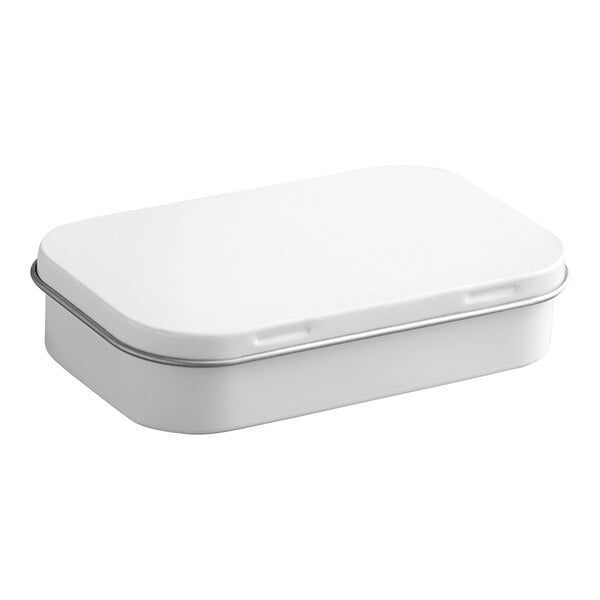 A white rectangular tin container with a hinged lid.