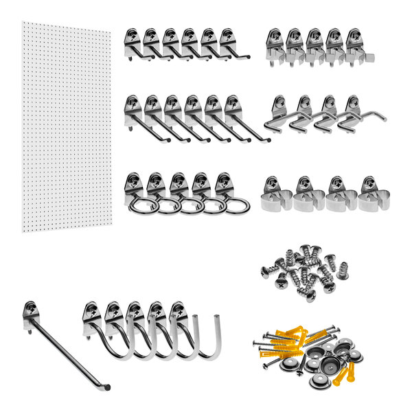 White DuraBoard with metal hooks and screws on a white background.