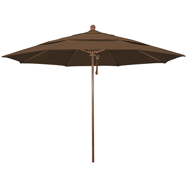 A brown umbrella with a wooden pole.