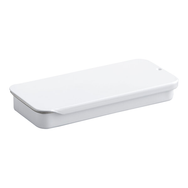 A small white rectangular tin container with a slide top lid.