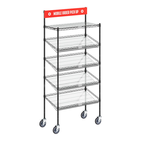A Regency black epoxy mobile take-out cart with 1 shelf and 4 slanted drop in baskets.