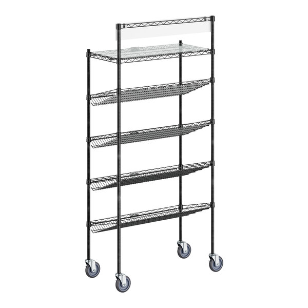 A black Regency metal epoxy shelving unit with wheels and slanted baskets on it.