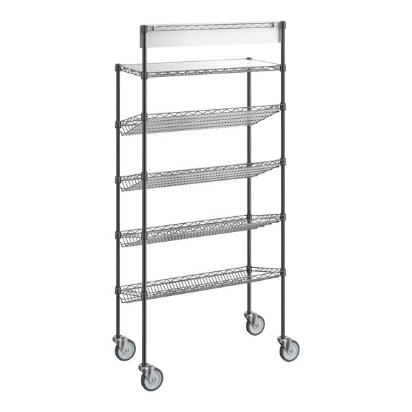 Regency NSF Black Epoxy Mobile Take-Out Shelving Station with 1 Shelf and 4 Slanted Drop In Baskets plus PVC Shelf Mat Overlay - 18" x 36" x 70"
