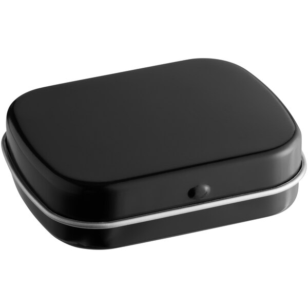A black rectangular tin with a silver hinged lid.