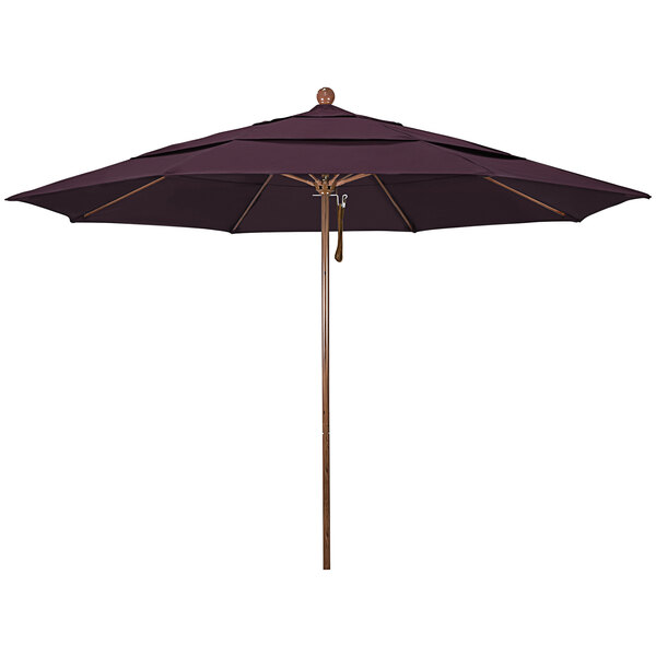 A California Umbrella with a purple canopy and a wooden pole.