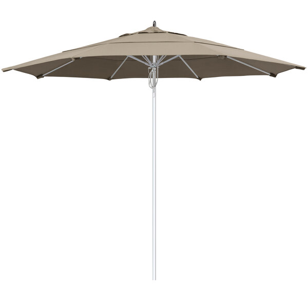 A taupe California Umbrella with a silver pole.