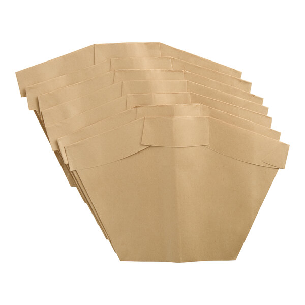 A pack of seven brown paper vacuum bags designed for backpack canister vacuums.