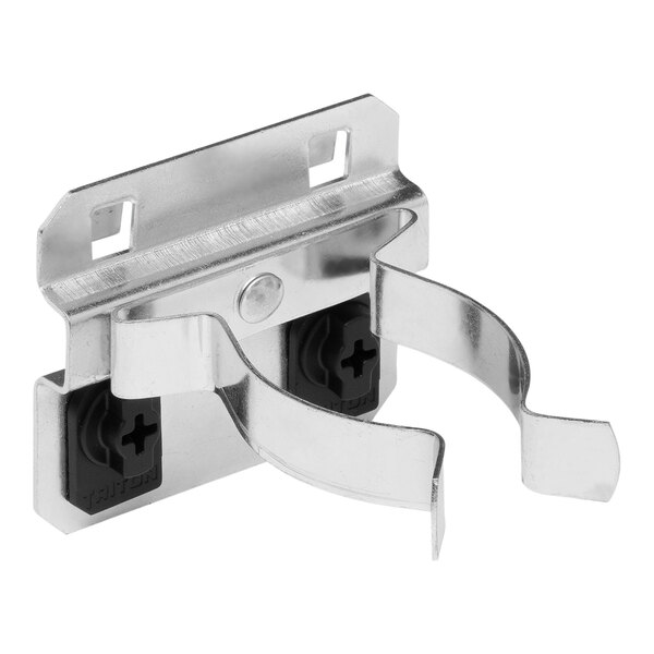 A stainless steel Triton Products spring clip with black plastic ends.