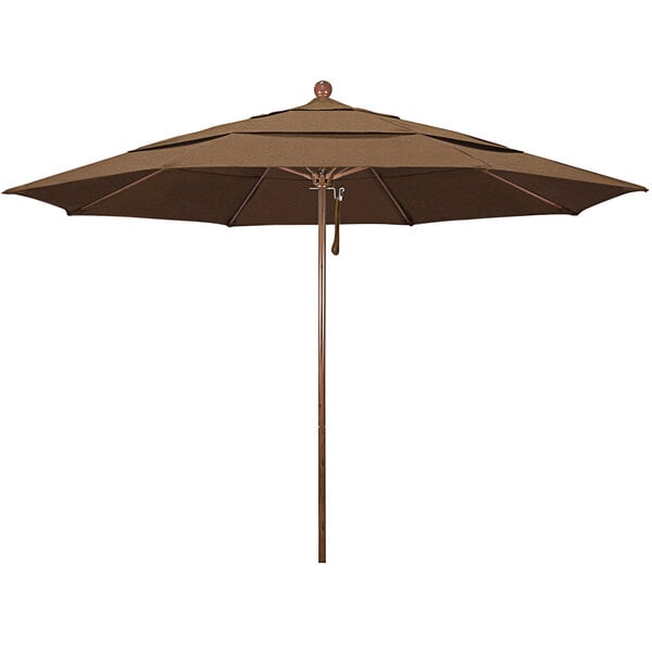 A brown California Umbrella with a wooden pole.