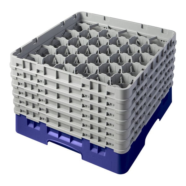 A navy blue plastic Cambro glass rack with extenders.