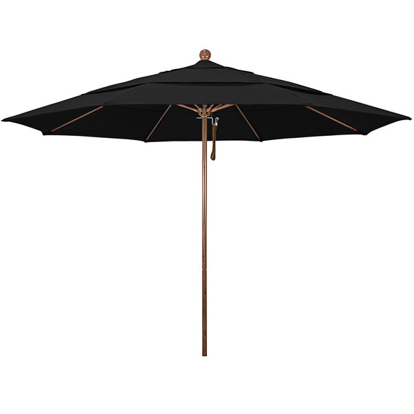 A black California Umbrella with a wooden pole.