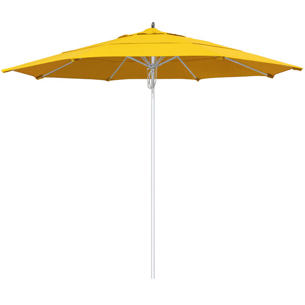 A close up of a California Umbrella with Sunflower Yellow Sunbrella fabric.