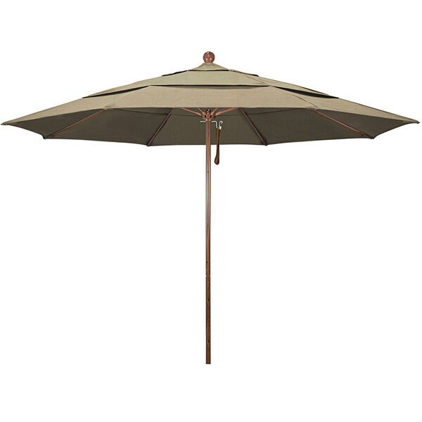 A California Umbrella Venture Series large umbrella with a wooden pole and Heather Beige Sunbrella fabric.