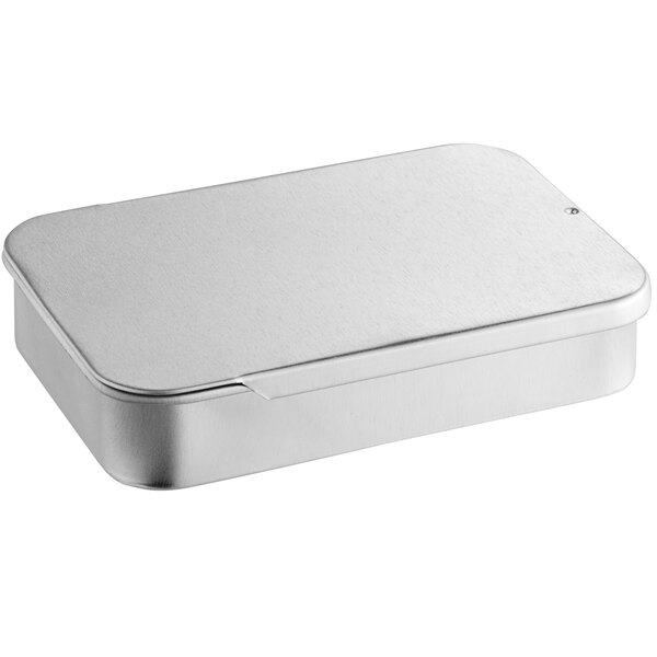 A silver rectangular metal container with a slide top lid.