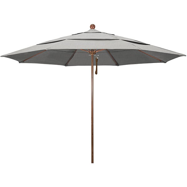 A grey umbrella with a wooden pole and American Oak accents.