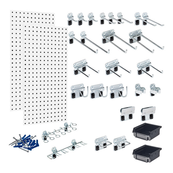 White steel LocBoard with hooks and bins for a pegboard.