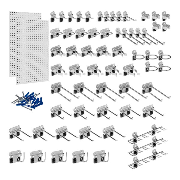 White steel Triton LocBoard with a large assortment of hooks and screws.
