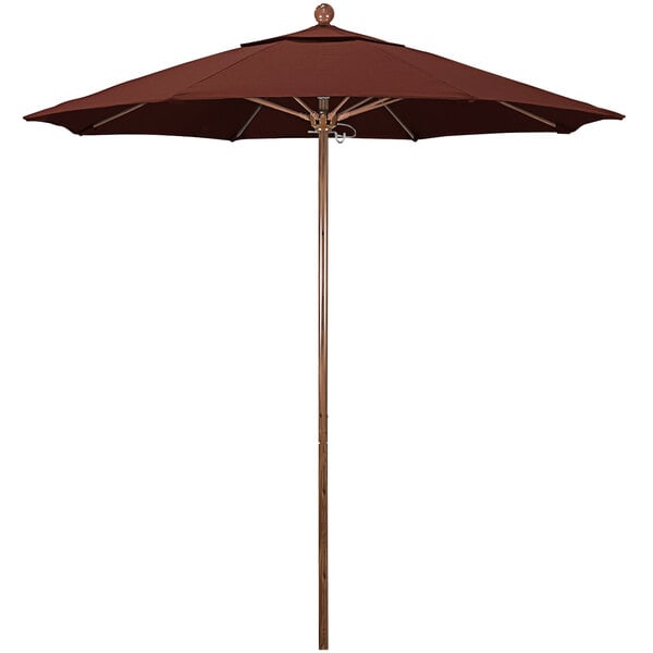 A California Umbrella with a brown Sunbrella canopy and American Oak pole.