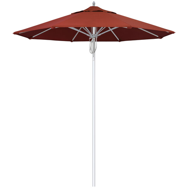 A red California Umbrella with Sunbrella terracotta fabric on a white background.