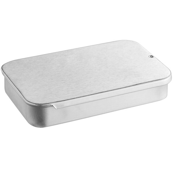 A silver rectangular metal tin with a slide top.