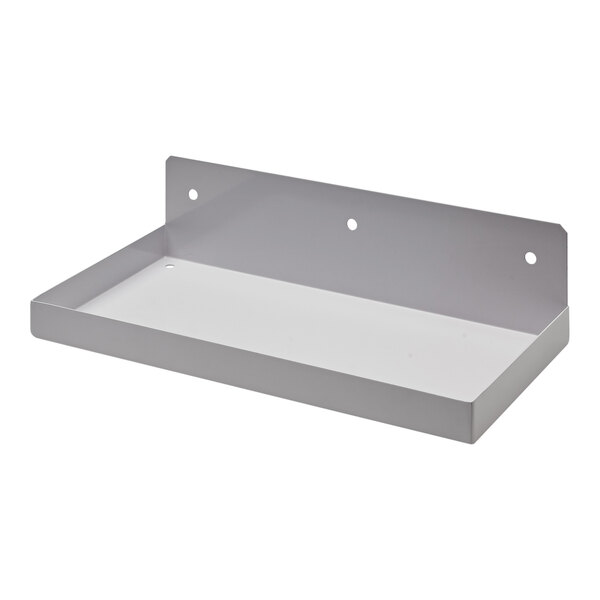 A white metal shelf with holes.