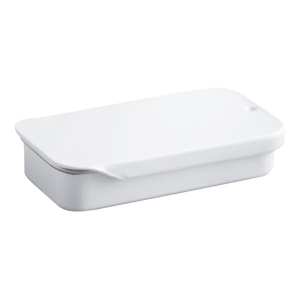 A small white rectangular tin container with a slide top lid.