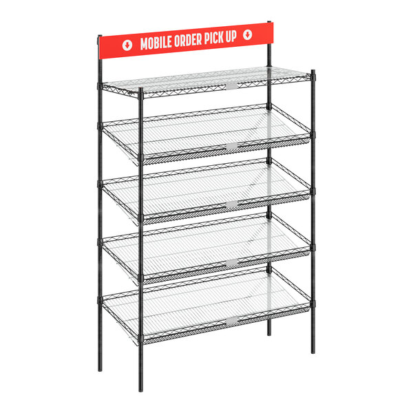 A black Regency epoxy shelving station with slanted drop-in baskets and a shelf mat.