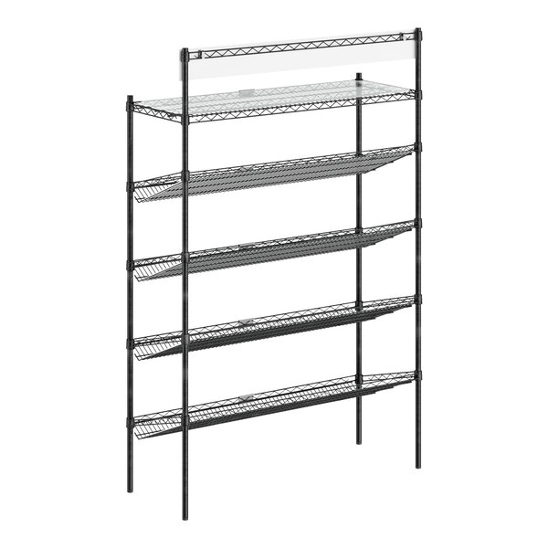 A black metal Regency epoxy shelving unit with slanted drop-in baskets.