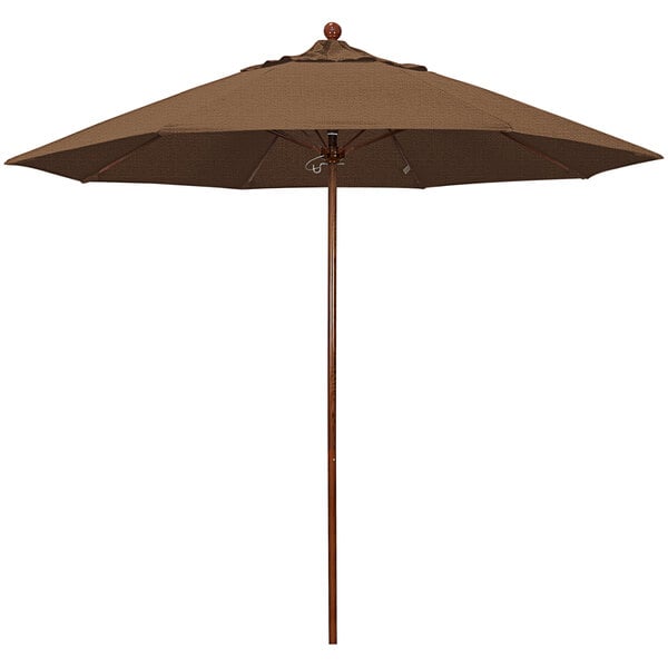 A close-up of a brown California Umbrella with a wooden pole.