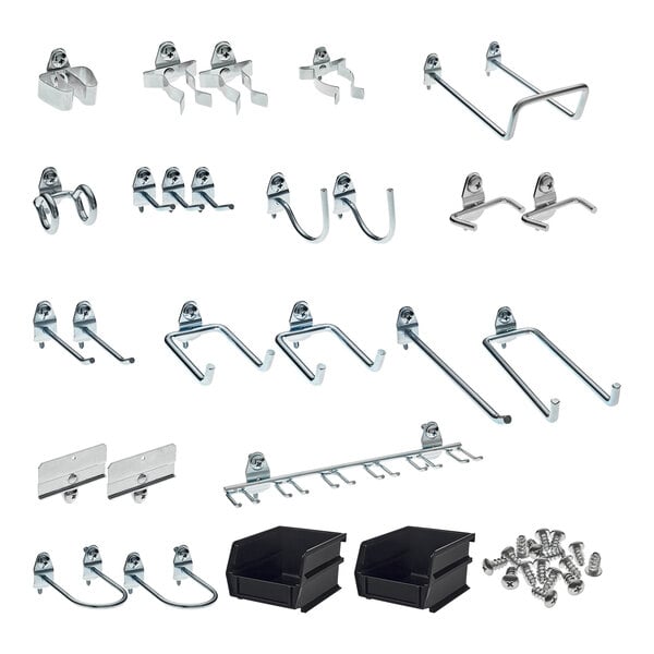 A group of metal hooks and black plastic bins on a white background.