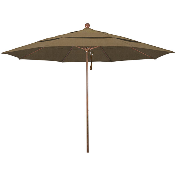 A brown California Umbrella with a wooden pole.