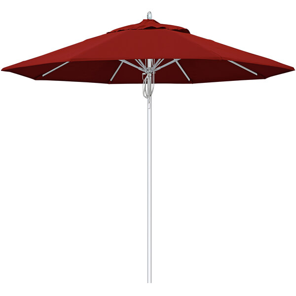 A close-up of a red California Umbrella with a silver pole and Jockey Red fabric.