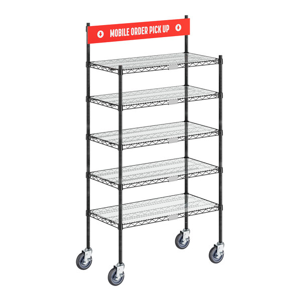 A Regency black epoxy mobile shelving unit with wheels.