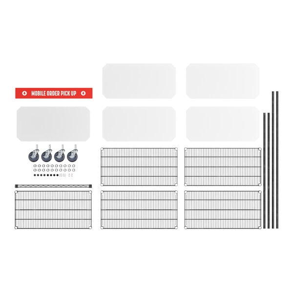 A collection of shelving components including wire shelves, support poles, casters, PVC mats, a red sign labeled 'Mobile Order Pick Up,' and various hardware, all laid out on a white background.