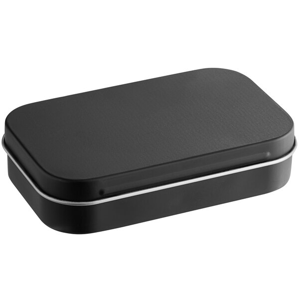 A black rectangular metal tin with a hinged lid.