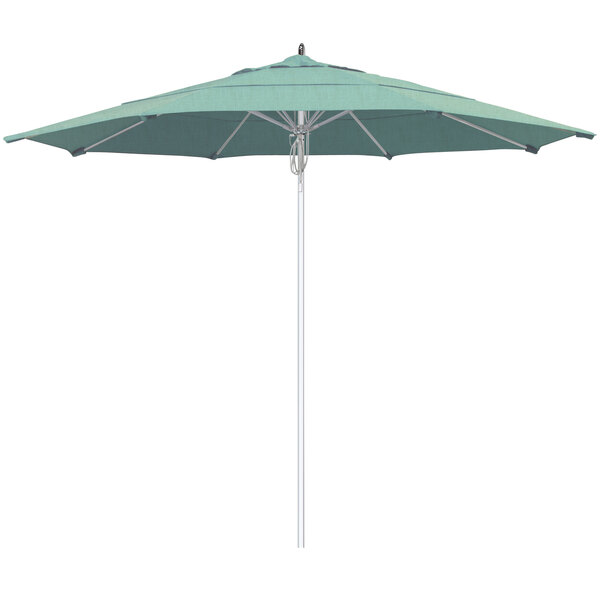 A close-up of a green California Umbrella with a silver pole.