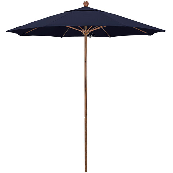 A blue California Umbrella with a wooden pole and American Oak accents.