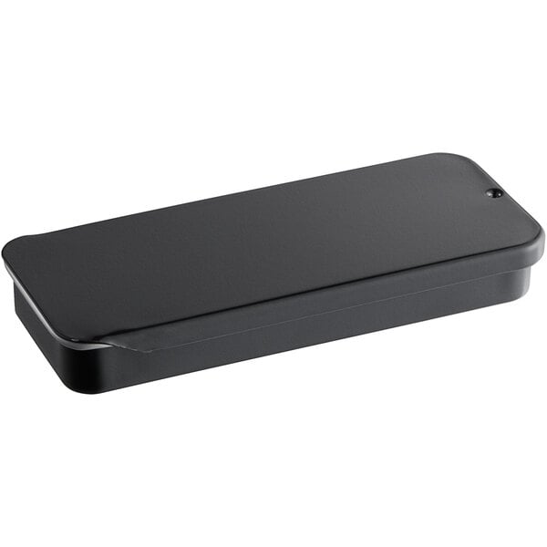 A black rectangular tin with a slide top.