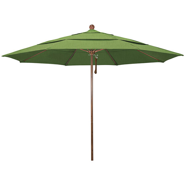 A green California Umbrella with a wooden pole.