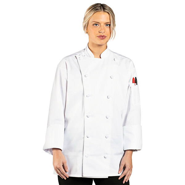 A person wearing a Uncommon Chef white executive chef coat.
