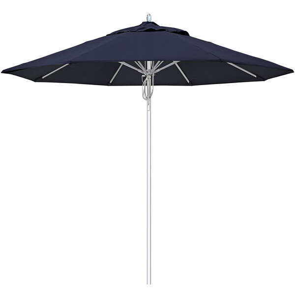 A black California Umbrella with a silver pole.