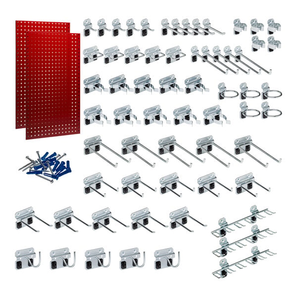 Red steel Triton LocBoard with hooks and screws for tool storage.